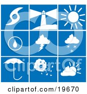 Poster, Art Print Of Collection Of White Weather Picture Icons On A Blue Background