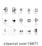 Clipart Illustration Of A Collection Of Black Random Media Icons On A Reflective White Background by Rasmussen Images