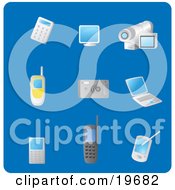 Poster, Art Print Of Collection Of Gadget Picture Icons On A Blue Background