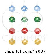 Collection Of Blue Green Red And Yellow Christmas Tree Ornaments On A White Background