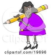 Black Lady In A Purple Dress Carrying A Giant Yellow Pencil Over Her Shoulder