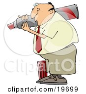 Poster, Art Print Of White Businessman Carrying A Giant Red Marker On His Shoulder The Cap At His Feet