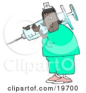 Clipart Illustration Of A Black Female Nurse In Scrubs And A Hat Carrying A Giant Needle And Syringe Over Her Shoulder While Preparing A Vaccine For A Hospital Patient