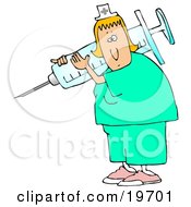 Clipart Illustration Of A White Nurse Lady In Scrubs Carrying A Giant Syringe Over Her Shoulder While Preparing A Vaccine For A Hospital Patient
