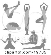 Clipart Illustration Of A Collection Of Silhouetted Women Doing Yoga Poses And Stretches by AtStockIllustration