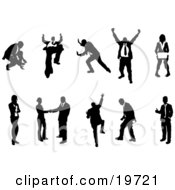 Clipart Illustration Of A Collection Of Business Concepts Showing Silhouetted Businesspeople In Different Poses by AtStockIllustration