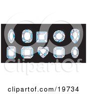 Clipart Illustration Of 10 Differently Cut Diamonds In Two Rows Over A Black Background