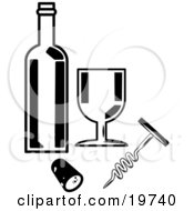 Poster, Art Print Of Wine Bottle Goblet Cork And Cork Screw