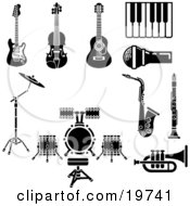 Poster, Art Print Of Collection Of Musical Instruments And Items Including An Electric Guitar Violin Acoustic Guitar Piano Or Keyboard Microphone Saxophone Clarinet Drum Set And Trumpet