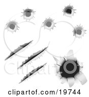 Bullet Holes And Gashes In Metal Over A White Background