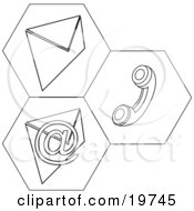 Clipart Illustration Of Black And White Contact Icons For Snail Mail Telephone And Email Information by AtStockIllustration