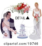 Poster, Art Print Of Happy Bride And Groom Cutting Their Wedding Cake With A Detail Of A Bouquet And The Brides Dress