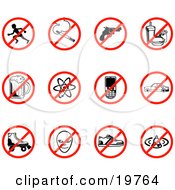Clipart Illustration Of A Collection Of Restriction Icons Showing No Running Smoking Guns Fast Food Beer Atoms Cell Phones Driving Skating Aliens Shoes And Bells