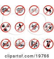 Clipart Illustration Of A Collection Of Restriction Icons Showing Heelies Shoes Talking Bicycle Dog Waste Skateboarding Biohazard Soccer Parking Walking On Grass Noise And A Bomb