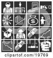 Clipart Illustration Of A Collection Of White Business Icons Over A Black Background Including A Businessman Manager Invoice Handshake Light Bulb Documents Money Bag Box Businesswoman Cash Chart Graph And Pointing Finger