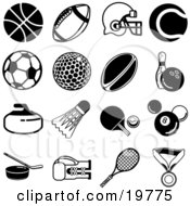 Poster, Art Print Of Collection Of Black Athletic Icons Over A White Background Including A Basketball Football Helmet Tennis Ball Soccer Ball Golf Ball Rugby Ball Bowling Ball Shuttlecock Ping Pong Paddle And Ball Billiards 8 Ball Hockey Puck Boxing Glove Tenni