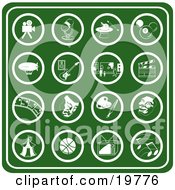 Poster, Art Print Of Collection Of Green Hobby Icons Including A Video Camera Microphone Magic Hat Billiards Ball Blimp Guitar Museum Clapboard Film Strip Theater Mask Paint Palette Carnival Tent Basketball Tv And Music Notes