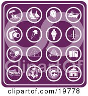 Clipart Illustration Of A Collection Of Purple Travel Icons Including Lounge Chairs Sailboats Air Balloons Cruise Ships Cameras Ice Cream Airplanes Cocktails Roadways Railways Luggage Rental Cars Hotels Sunshine And Buildings