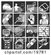 Poster, Art Print Of Collection Of White Home Construction Icons Over A Black Background Including A Hardhat Real Estate Agent And Client Sold House Home Cash Classified Ads House Key Realtor House For Sale Documents Handshake Crack In A Brick Wall Apartment Buil