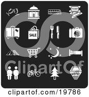Clipart Illustration Of A Collection Of Green Travel Icons For Locations Including Wine Glasses Courthouse Bus Movie Tickets Luggage Sale Fork And Knife Camera Road Train Tracks Shopping Cart Moon And Stars Bed People Bicycle Tree And A Ho by AtStockIllustration