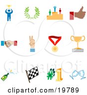 Poster, Art Print Of Collection Of Colorful Champion Laurel Winner Thumbs Up Handshake Peace Gesture Medal Trophy Champagne Flag Number 1 And Toasting Wine Glasses Sports Icons On A White Background