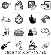 Collection Of Black And White Globe Wallet Calendar Letter Mouse Stopwatch Hand Controller Film Strip Radio People Question Computer Mouse Water Drops Java And Button Icons On A White Background