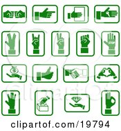 Collection Of Green Hand Icons With Sign Language Money And Diamonds Over A White Background