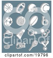 Collection Of White Athletic Basketball Football Soccer Golf Rugby Bowling Badmitten Ping Pong Billiards Hockey Tennis And Boxing Icons Over A Blue Background