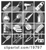 Clipart Illustration Of A Collection Of White Beauty Icons Over A Black Background Including Lipstick Makeup Brush Blow Dryer Body Wash Perfume Hand Mirror Nail Polish Hair Spray Shampoo And Conditioner Towels Compact Powder Comb Hairbrush M