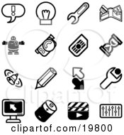 Collection Of Black And White Exclamation Point Lightbulb Wrench Wallet Robot Camera Hourglass Bell Pencil Arrows Computer Battery Clapboard And Equalizer Icons On A White Background