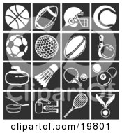 Poster, Art Print Of Collection Of White Sports Icons Over A Black Background Including A Basketball Football Football Helmet Tennis Ball Soccer Ball Golf Ball Rugby Ball Pin And Bowling Ball Curling Stone Shuttlecock Ping Pong Ball And Paddle 8 Ball Hockey Puck
