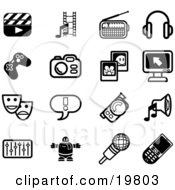 Collection Of Black And White Clapboard Film Strip Radio Headphones Controller Camera Pictures Computer Masks Exclamation Point Video Camera Speaker Equalizer Robot Microphone And Cell Phone Icons On A White Background
