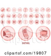 Clipart Illustration Of A Collection Of Pink Money Cash Register Scales Credit Card Question Mark Cell Phone Target Computer Links Purses Envelope Pen Shopping Cart Handshake Coffee Www Lightbulb Home Briefcase Coffee Mug Email Exclam
