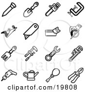 Poster, Art Print Of Collection Of Black And White Nail Shovel Saw Clasp Razor Rake Wrench Drill Oil Can Screwdriver And Pliers Tools Icons On A White Background