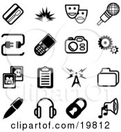 Clipart Illustration Of A Collection Of Black And White Credit Card Masks Microphone Connection Cellphone Camera Cogs Pictures Clipboard Communications Tower Files Pen Headphones Padlock And Speaker Icons On A White Background