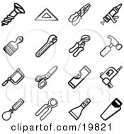 Poster, Art Print Of Collection Of Black And White Screw Measuring Tools Pliers Glue Gun Paintbrush Wrenches Hammer Saws Scissors Levelers And Scraper Icons On A White Background