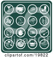 Poster, Art Print Of Collection Of Green Food Icons Including A Martini Pigs On A Farm Shish Kebobs Orange Juice Corn Fish Picnic Basket Wine Beer Chicken Breakfast Grapefruit Bread Dinner Hamburger And Cheese