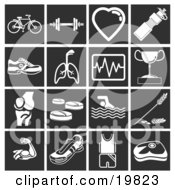 Collection Of White Sports Icons Over A Black Background Including A Bicycle Dumbells Heart Water Bottle Running Shoes Lungs Graph Trophy Joint Vitamins Swimming Wheat Muscles Shoes Fitness Clothes And A Weight Scale