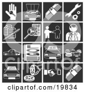 Collection Of White Automotive Icons Over A Black Background Including A Car Key Engine Money Tools Documents Classifieds Car Dealer Vehicles Log Car Lot Lemon And Handshake