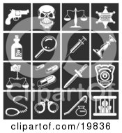 Poster, Art Print Of Collection Of White Crime Icons Over A Black Background Including A Pistil Skull Scales Sheriff Badge Poison Magnifying Glass Needle Candlestick Pills Knife Police Badge Handcuffs And Prisoner