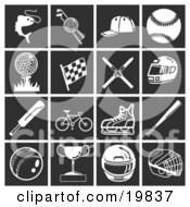 Collection Of White Sports Icons Over A Black Background Including Fishing Golfing Baseball Racing Skiing Motorsports Bicycling Cricket And Ice Skating
