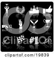 Poster, Art Print Of Collection Of White Champion Laurel Winner Thumbs Up Handshake Peace Gesture Medal Trophy Champagne Flag Number 1 And Toasting Wine Glasses Sports Icons On A Black Background