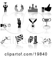 Poster, Art Print Of Collection Of Black Champion Laurel Winner Thumbs Up Handshake Peace Gesture Medal Trophy Champagne Flag Number 1 And Toasting Wine Glasses Sports Icons On A White Background
