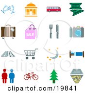 Collection Of Color Travel Icons For Locations Including Wine Glasses Courthouse Bus Movie Tickets Luggage Sale Fork And Knife Camera Road Train Tracks Shopping Cart Moon And Stars Bed Restrooms Bicycle Tree And A Hotel