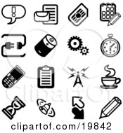 Collection Of Black And White Exclamation Point Letter Calendar Connection Battery Gears Stopwatch Cellphone Clipboard Communications Tower Java Hourglass Bell Arrows And Pencil Icons On A White Background