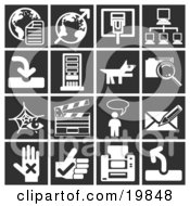 Collection Of White Icons Over A Black Background Including Globes Communications Computers A Dog Files Clapboard Messenger And A Letter