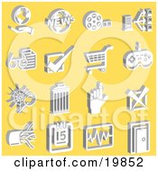 Clipart Illustration Of A Collection Of White Hand And Globe News Film Reel Connectivity Check Shopping Cart Video Game Controller Reminder Cables Calendar Charts And Door Icons Over A Yellow Background