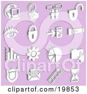 Collection Of White Icons Of A Computer Globe Magnifying Glass Messenger Padlock Eye Mp3 Player Flashlight Graph Cog Pie Chart Folder Badge Envelope Film Strip And Hourglass Over A Purple Background
