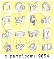 Clipart Illustration Of A Collection Of White Icons Of Refresh Arrows Magnifying Glass And Globe Alarm Phone And Globe Phone And Computer Shopping Cart Pointing Speakers Fire Cd Camera Eye And Book Over A Yellow Background