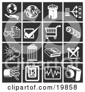 Collection Of White Icons Over A Black Background Including A Hand Holding A Globe World News Fortress Tower Computer Eyeglasses And Letter Checking Shopping Cart Spiderweb Trash Can Information X Cables Calendar Chart And Camera
